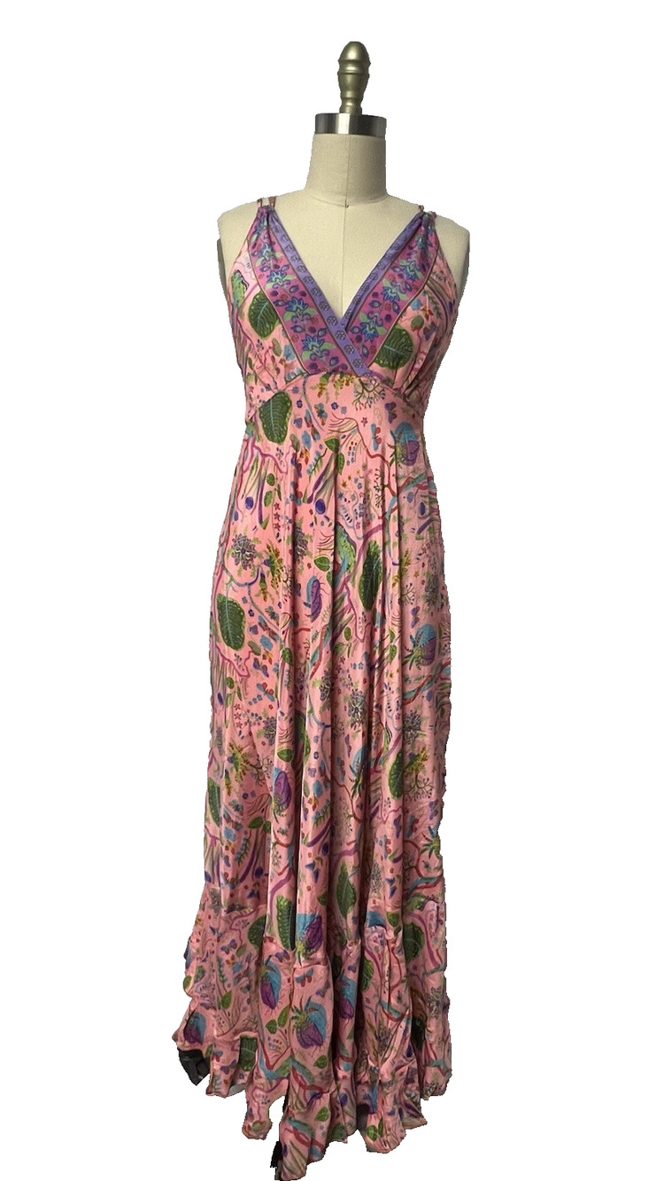 Devi Spaghetti Strap Maxi Butterfly Floral Jacobean Silky Boho Sundress Dress